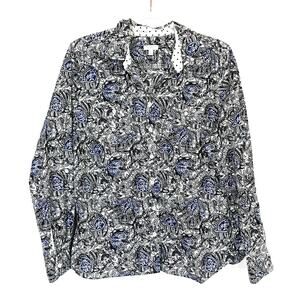 Talbots 100% Cotton Floral Button Up Shirt Black Blue Womens Large Petite